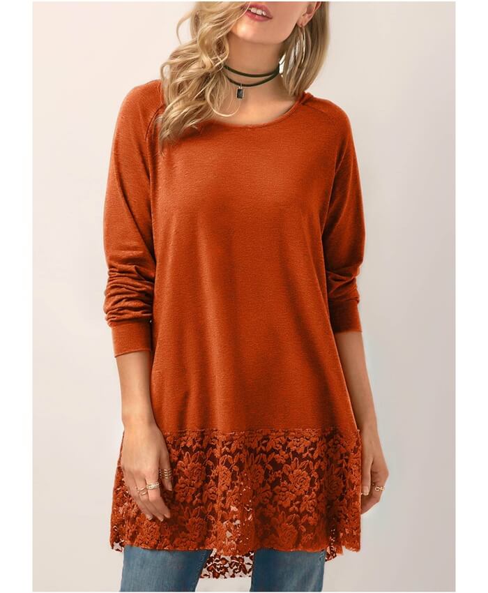 Hooded Collar Lace Panel Orange Blouse
